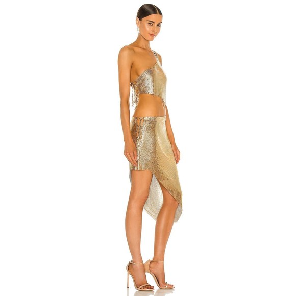 New Bronx and Banco Xenia One Shoulder Dress in Gold metallic chainmail cutout - Picture 7 of 11